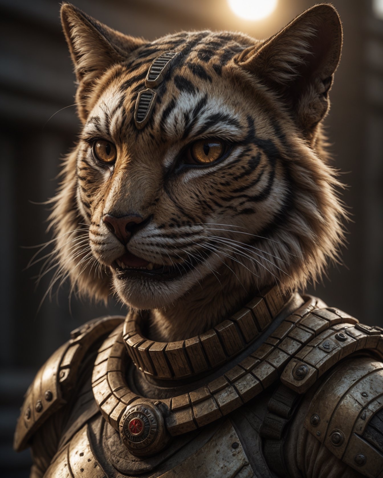 detailed cinematic photo of an armored battlecat bastet supertiger. She wears full (modern infantry) camo gear with kevlar shoulder armor. She has symmetrical features and a smug vampiric smile. The golden magenta sunrise highlights her with impeccable (cinematic backlighting) as it burns away the morning mist. pupils, dilated pupils, bright clear eyes, remarkable detailed pupils, detailed face, detailed eyes, detailed nose, detailed lips, detailed teeth, skin fuzz, goosebumps, natural skin texture. cinematic scene, dramatic lighting, hyperdetailed photography, soft light, full body portrait, cover. shot on ARRIFLEX 35 BL Camera, Canon K75 Prime Lenses.