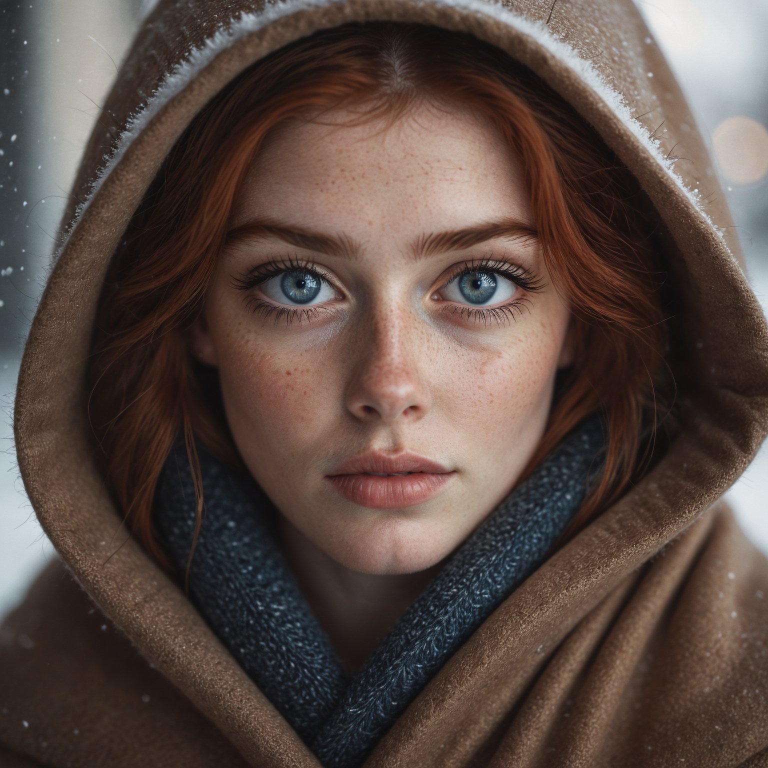 photograph of a cute adult girl, redhair, pale skin, freckles, blush, innocent, petite and youthful face, silver blue eyes, wearing a cloak, city christmas festival, snowfall, Porta 160 color, shot on ARRI ALEXA 65, bokeh, sharp focus on subject, shot by Don McCullin, nsfw, (natural skin texture, hyperrealism, soft light, sharp), (perfect round eyes:1.3), Capture the essence of her beauty, Enrich the composition with soft, diffused natural light that accentuates the textures and colors, creating a timeless and culturally rich image, EyeDetail-SDXL, fFaceDetail-SDXL