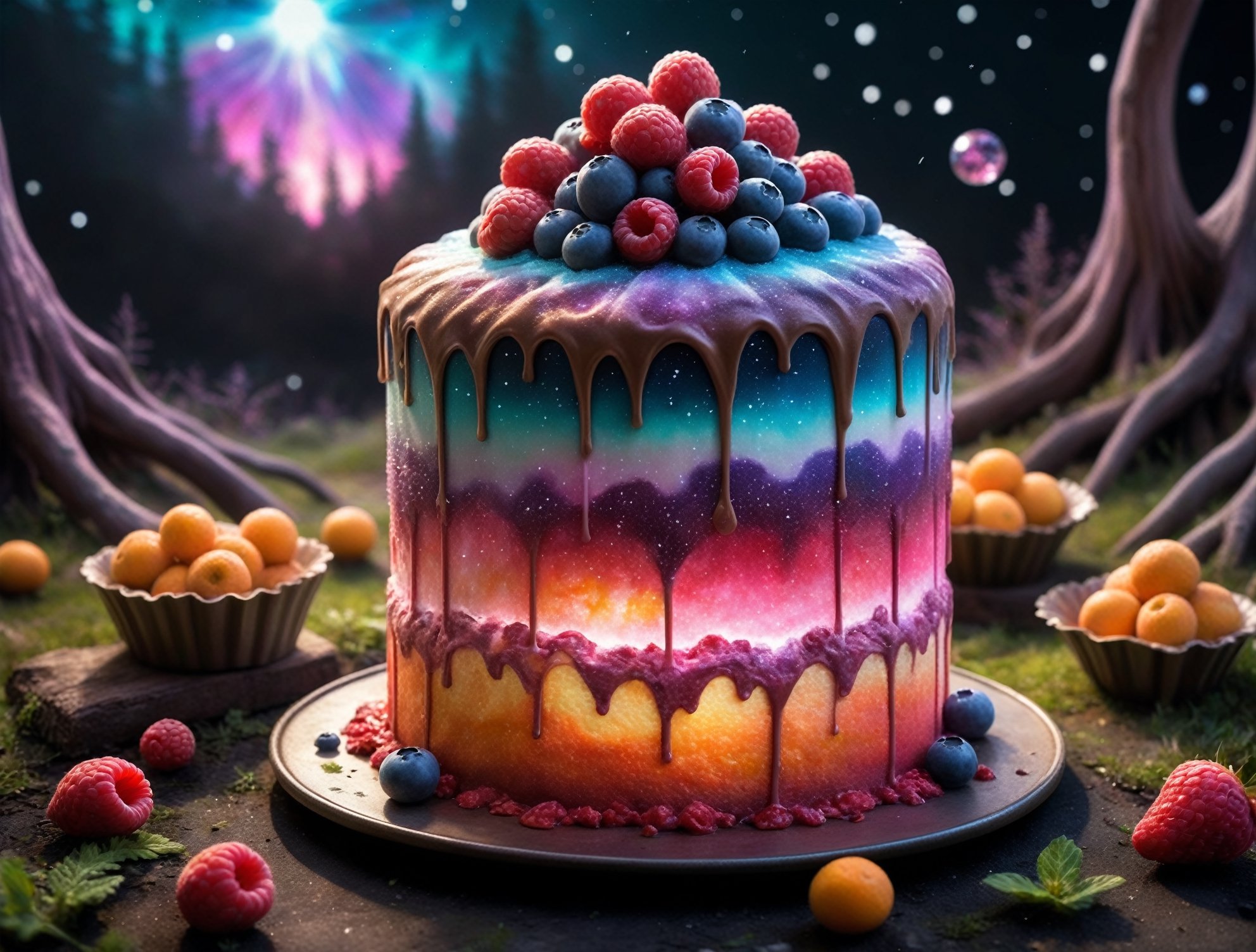 (80s gritty comic book style:1.5), (a delicious glowing cake, a glowing radiant cosmic plasma aurora galaxy berry cake with fantastic icing:1.3), plasma cake, aw0k magnstyle, 
(the cake rests on an arcane crystal tray:1.22), in a in a field of psychedelic flowers, christmas theme, majestic radiant Yggdrasil christmas trees, warm peaceful atmosphere,