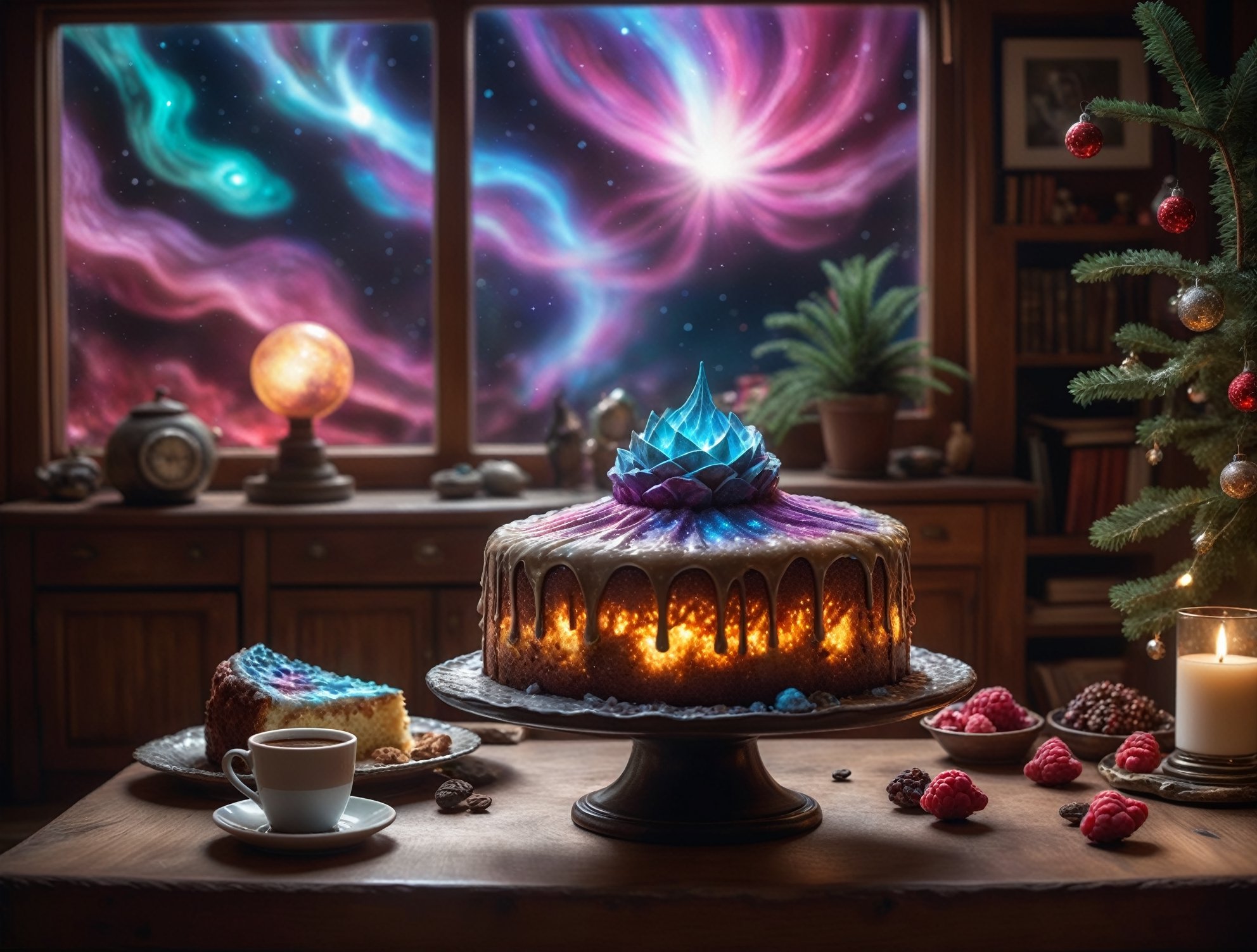 (foodtography, a delicious glowing cake, a glowing radiant cosmic plasma aurora galaxy cake with arcane icing:1.3), cinematic still shot, antique coffee table in a cozy mystical living room, internal gel lighting inside cake, fully frosted mystical berry cake, christmas theme, christmas tree, warm fireplace, cozy atmosphere, radiant cosmic plasma aurora nebula galaxy swirling around outside the arched windows, spacepunk living room, aw0k magnstyle, dramatic lighting, 3 point lighting, flash with softbox, cinematic colors, Leica SL-2 120mm f/2.8, realism, photo, hyperrealistic, film grain, Neutral-Density-Filter, deep Focus, cinema quality, RAW image