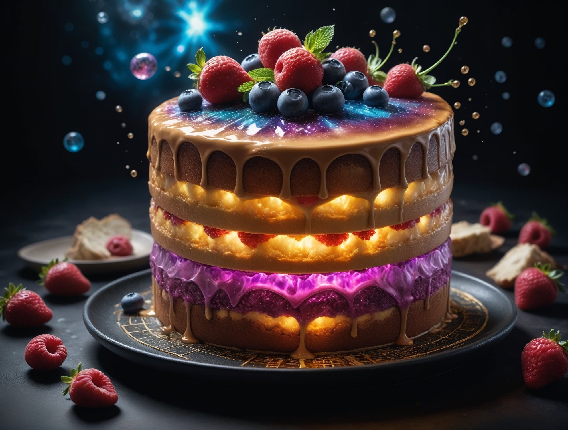 (foodtography, 16k photo of a delicious glowing cake, a glowing radiant cosmic plasma aurora galaxy berry_filling cake with fantastic icing and internal gel lighting:1.3), aw0k magnstyle, dramatic lighting, 3 point lighting, flash with softbox, cinematic colors, Leica SL-2 200mm f/2.8, realism, photo, hyperrealistic, film grain, Neutral-Density-Filter, deep Focus, rule of thirds, chiaroscuro, golden ratio, intricate detail, flawless clarity, cinema quality, RAW image