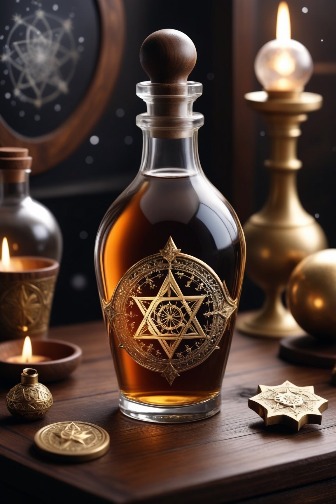 (crystal:1.2) [volumetric flask potion bottle] of [liquid gold brandy|glowing radiant cosmic plasma aurora galaxy] healing potion, sitting on an ancient dark hardwood desk with golden arcane symbols engraved along the edges, christmas theme, warm comfortable winter atmosphere