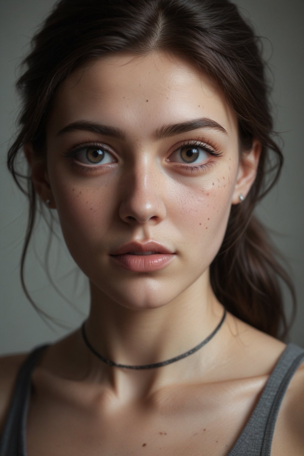 (ultra realistic,best quality),photorealistic,Extremely Realistic, in depth, cinematic light,hubgwomen,hubg_beauty_girl,hubggirl,extremely beautiful women,

medium hair, detailed face, detailed nose, woman wearing tank top, freckles, choker, smirk, tattoo, dilated pupils, pupils,

intricate background, More Reasonable Details, realism,realistic,raw,analog,portrait,photorealistic,