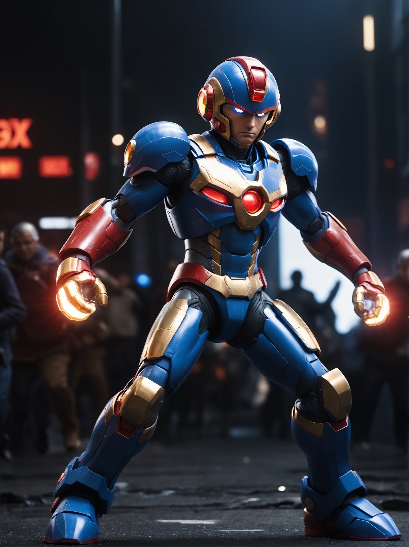 candid 16k photo of Mega Man X dashing in to save the day, his armor is blue and grey with red lights plus white and gold details dramatic lighting, cinematic colors, cinema quality, aw0k magnstyle
