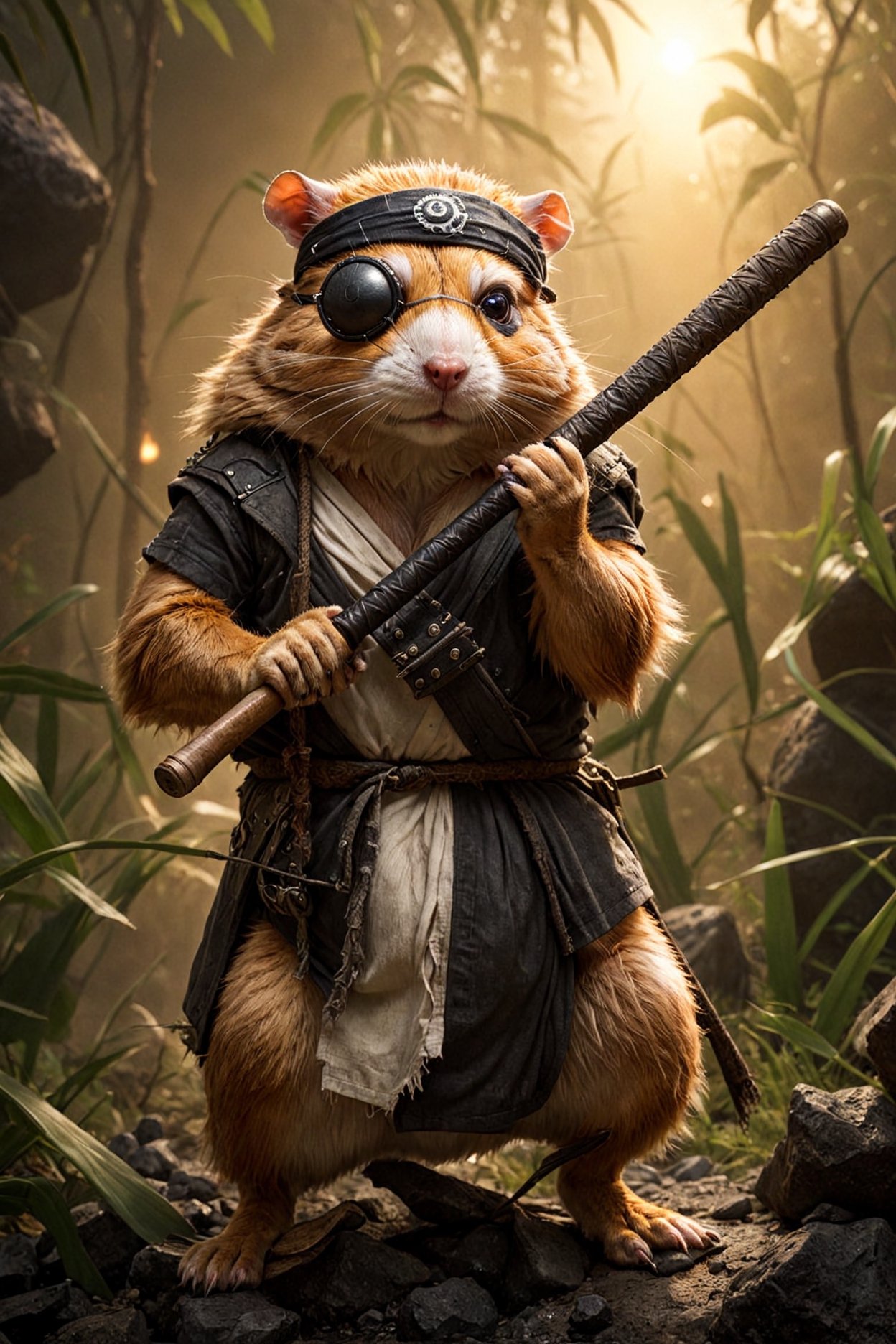 a (muscular:0.5) furry (martial arts master:0.7) battle (hamster:1.2) mafioso (monk:0.5) holding a crude club studded with dark rocks. He has one eye and a bandana (eye patch:1.3). His fur is blackened, but he wields the baseball bat with fierce determination. The morning sunrise highlights him with impeccable (cinematic backlighting) as it burns away the morning mist of the jungle. perfectly drawn hands, cinematic scene, dramatic lighting, hyperdetailed photography, soft light, full body portrait, cover. shot on Blackmagic Pocket Cinema Camera 6K Pro and a Sigma Cine Prime 35mm f/1.4 lens (f/4.0, moderate ISO)