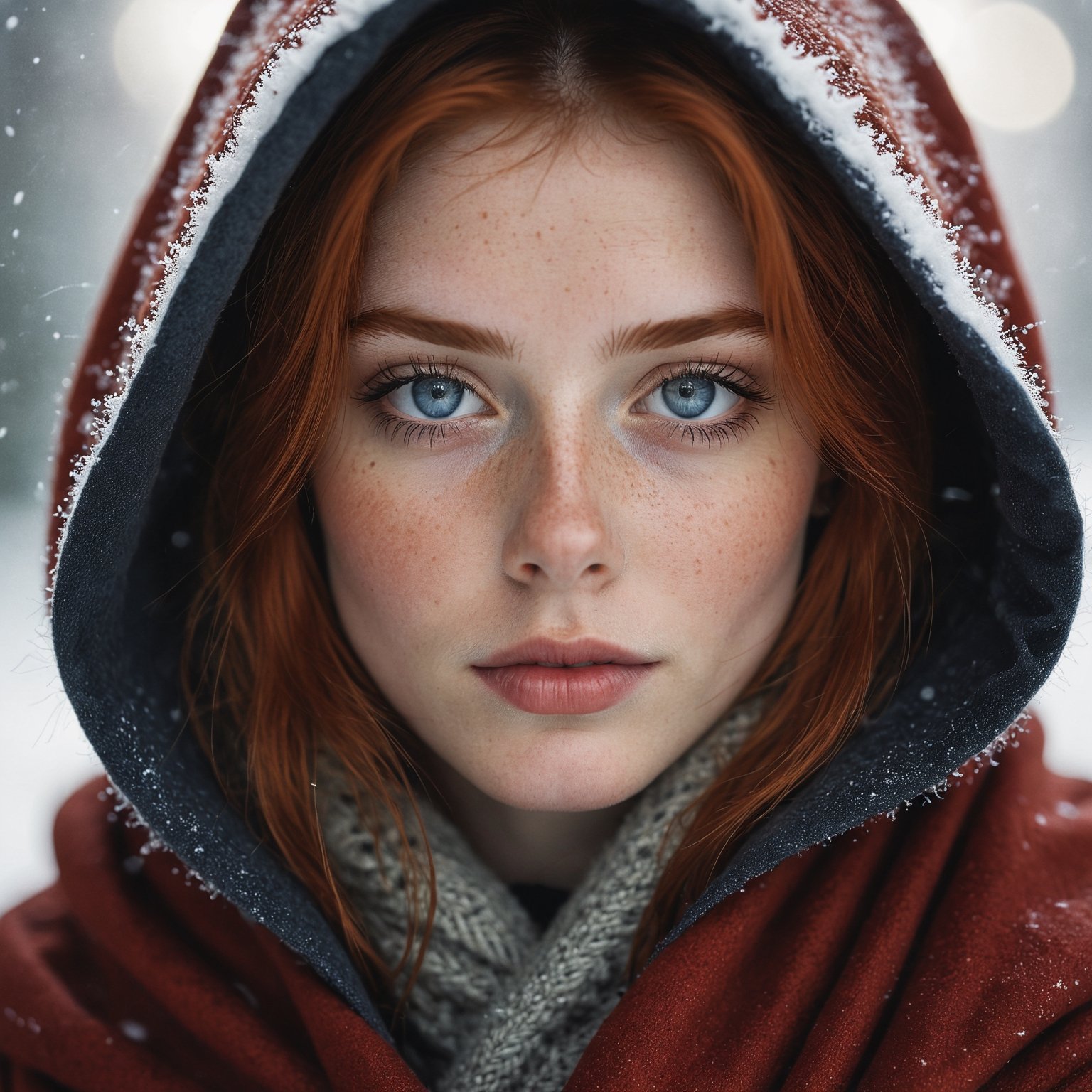 photograph of a cute adult girl, redhair, pale skin, freckles, blush, innocent, petite and youthful face, silver blue eyes, wearing a cloak, city christmas festival, snowfall, Porta 160 color, shot on ARRI ALEXA 65, bokeh, sharp focus on subject, shot by Don McCullin, nsfw, (natural skin texture, hyperrealism, soft light, sharp), (perfect round eyes:1.3), Capture the essence of her beauty, Enrich the composition with soft, diffused natural light that accentuates the textures and colors, creating a timeless and culturally rich image, EyeDetail-SDXL, fFaceDetail-SDXL