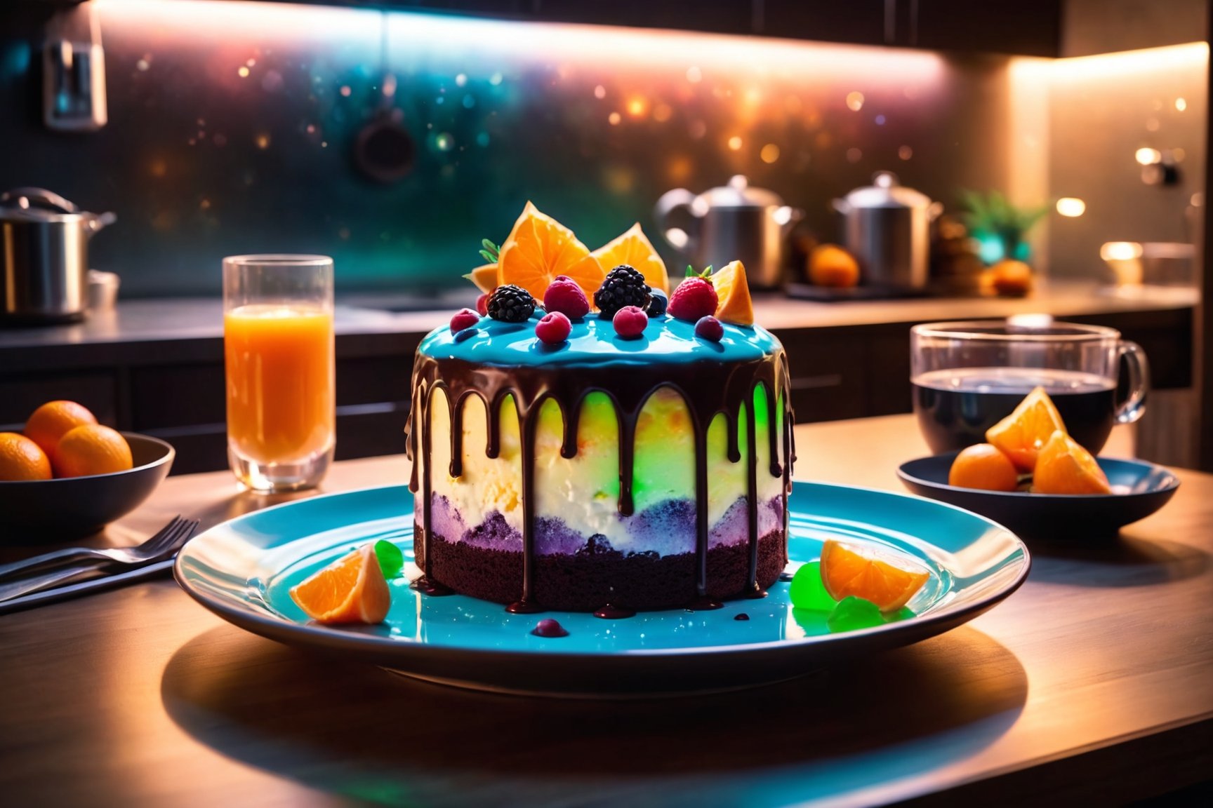 foodtography, Delicious glowing galaxy cake on a dining table in the kitchen, comfortable light ,romantic light, ultra details ,photorealistic, realistic ,gel lighting, Cinematic, Filmic, medium shot, 4k, Front-light, Cinematic Lighting, volumetric Light, Ray Tracing Reflections, Chromatic Aberration, photography, hyper realistic, 4k, 8k,closeup, christmas theme
