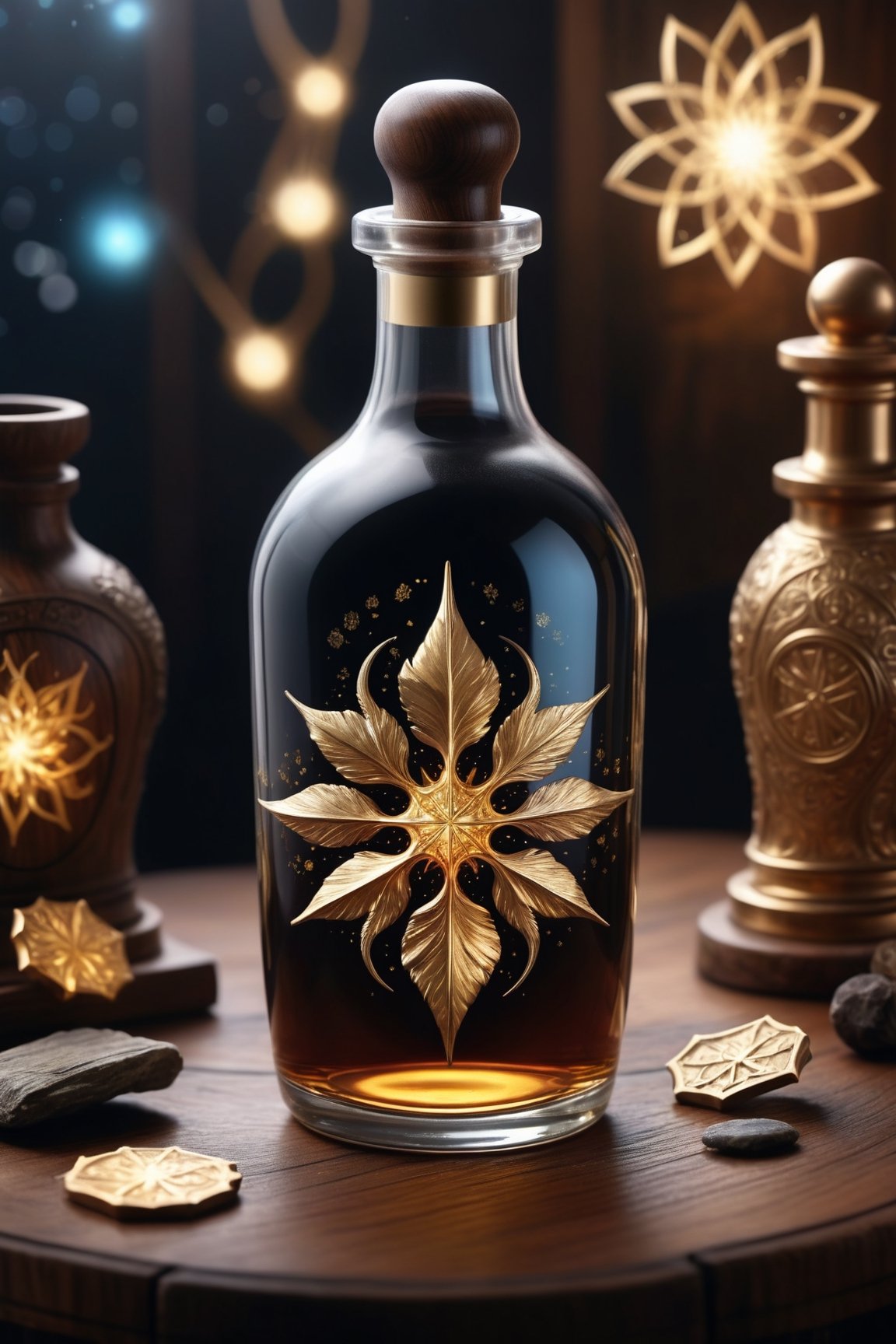 crystal [bottle|volumetric potion flask] of liquid gold brandy healing potion, a glowing radiant cosmic plasma aurora galaxy swirling within it, sitting on an ancient dark hardwood desk with golden arcane symbols engraved along the edges, christmas theme, warm comfortable winter atmosphere
