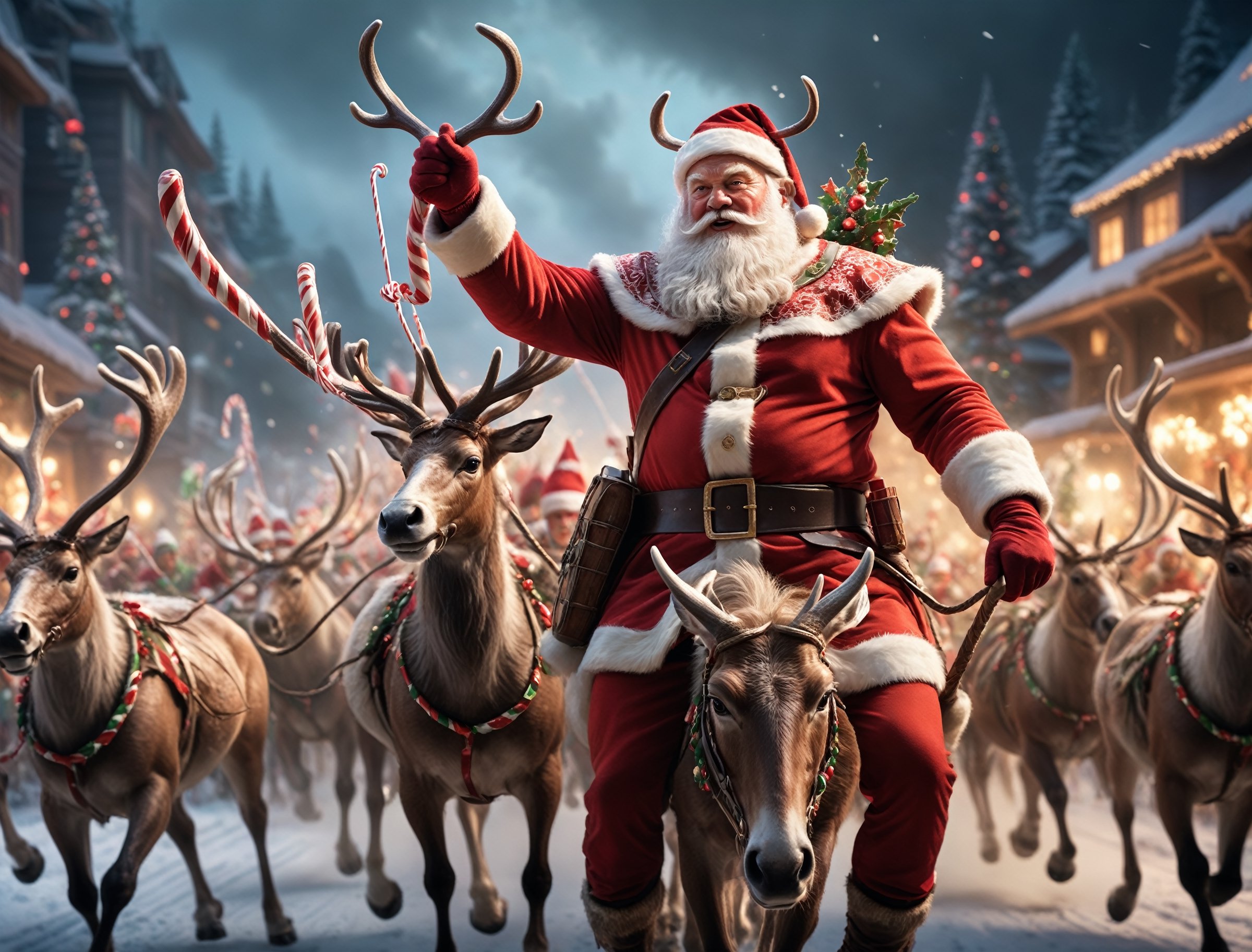 candid 16k photo, Santa Claus is a jolly muscular warrior leading his army of elves in an epic reindeer cavalry charge. Santa carries a candy cane themed spear in his right hand and a shield in his left. He rides Rudolph, a gigantic reindeer the size of a war horse. detailed face, detailed eyes, wide-angle shot, dramatic lighting, cinematic colors, cinema quality, Leica SL-2, 24mm prime lens, f/4, film grain, aw0k magnstyle