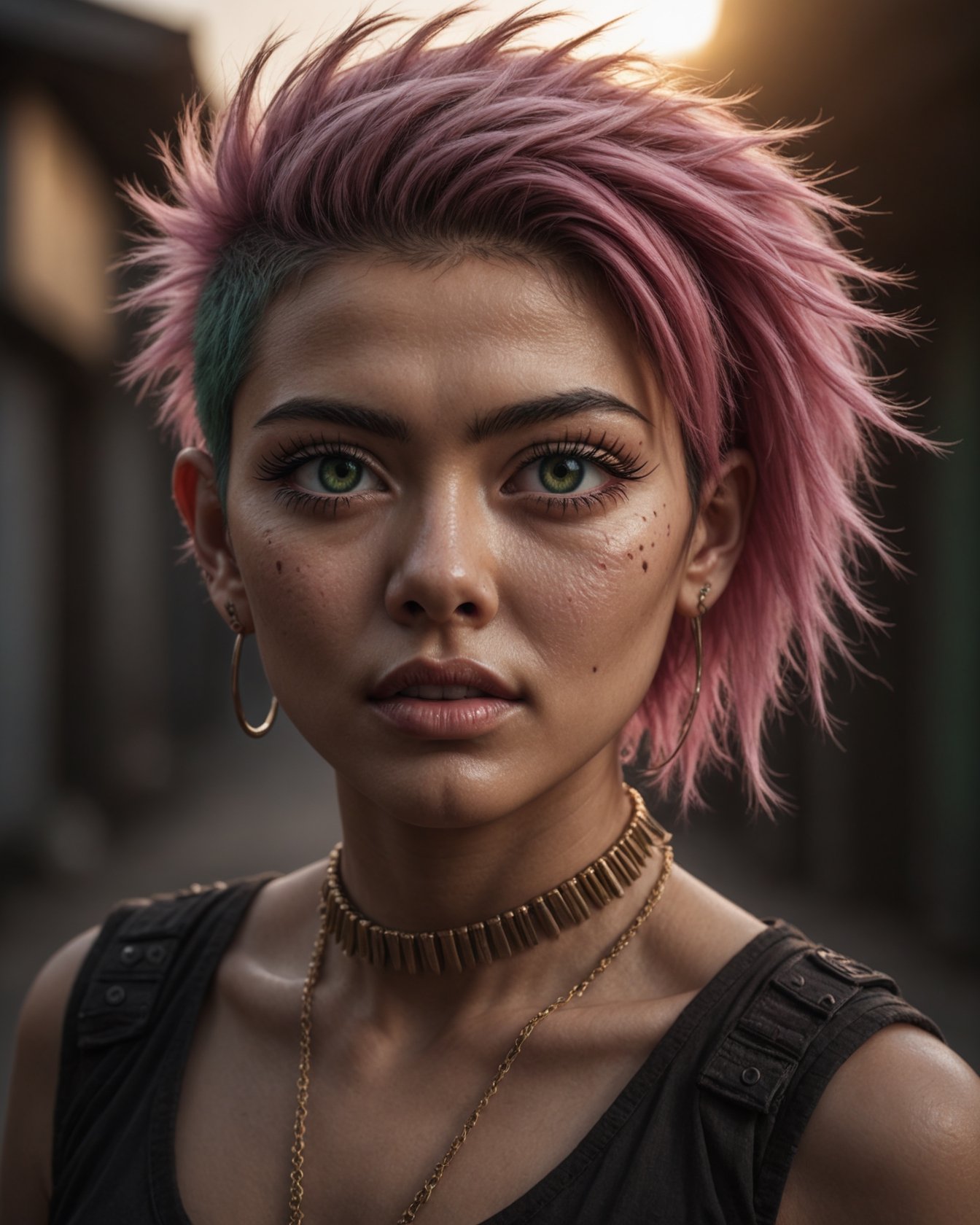 detailed cinematic photo of a beautiful Japanese-Persian-Brazilian punk woman with pink_eyes and undercut faux-hawk green_hair. The golden magenta sunrise highlights her with impeccable (cinematic backlighting) as it burns away the morning mist. pupils, dilated pupils, bright clear eyes, remarkable detailed pupils, detailed face, detailed eyes, detailed nose, detailed lips, detailed teeth, skin fuzz, goosebumps, natural skin texture. cinematic scene, dramatic lighting, hyperdetailed photography, soft light, full body portrait, cover. shot on ARRIFLEX 35 BL Camera, Canon K75 Prime Lenses.