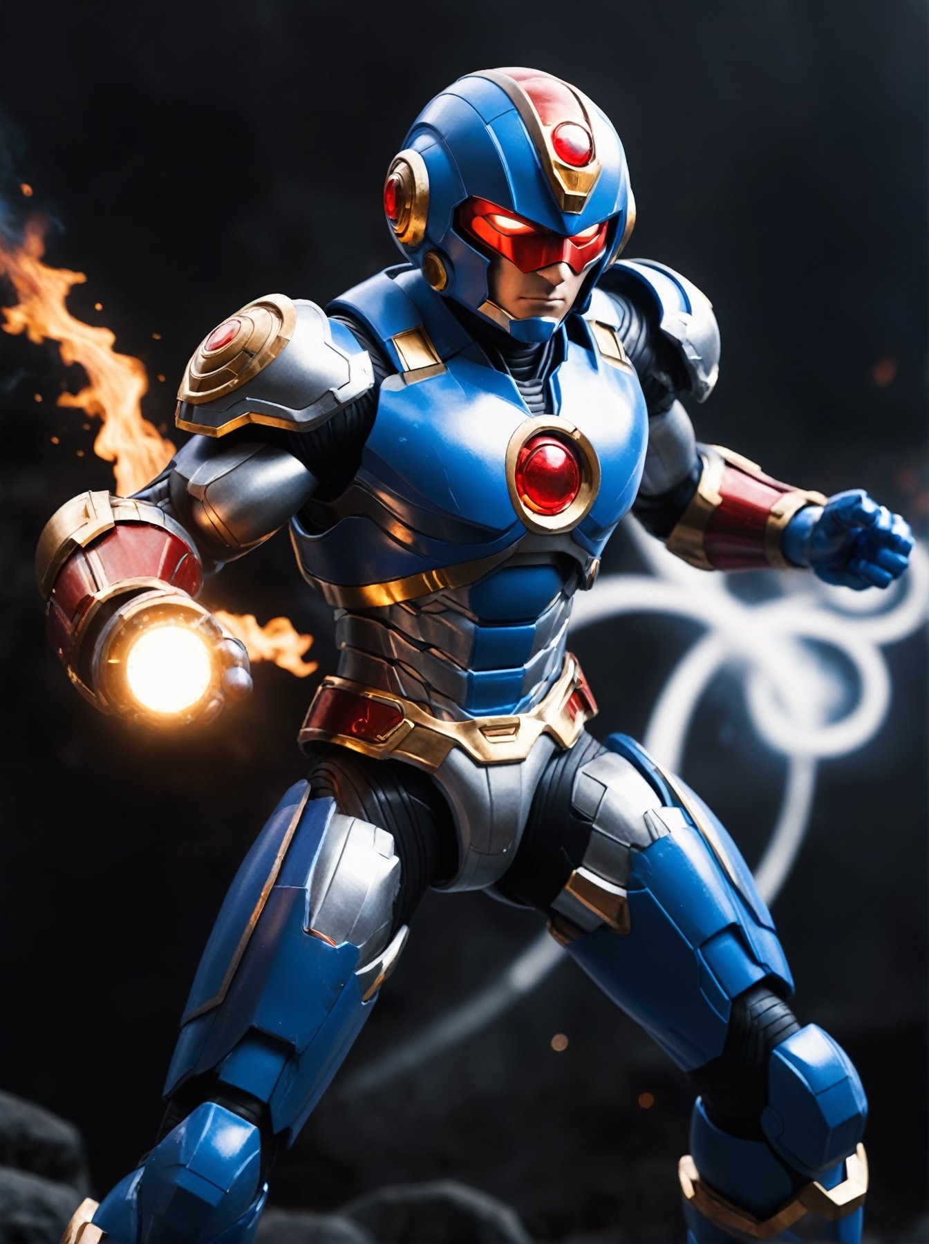 candid 16k photo of Mega Man X dashing in to save the day, his armor is blue and grey and white with red_lights plus black details and arcane celtic gold trim, he is priming his X-Buster arm cannon to fire, dramatic lighting, cinematic colors, cinema quality, aw0k magnstyle