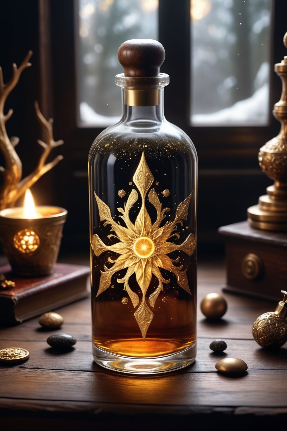 crystal [bottle|volumetric potion flask] of liquid gold brandy healing potion, a glowing radiant cosmic plasma aurora galaxy swirling within it, sitting on an ancient dark hardwood desk with golden arcane symbols engraved along the edges, christmas theme, warm comfortable winter atmosphere