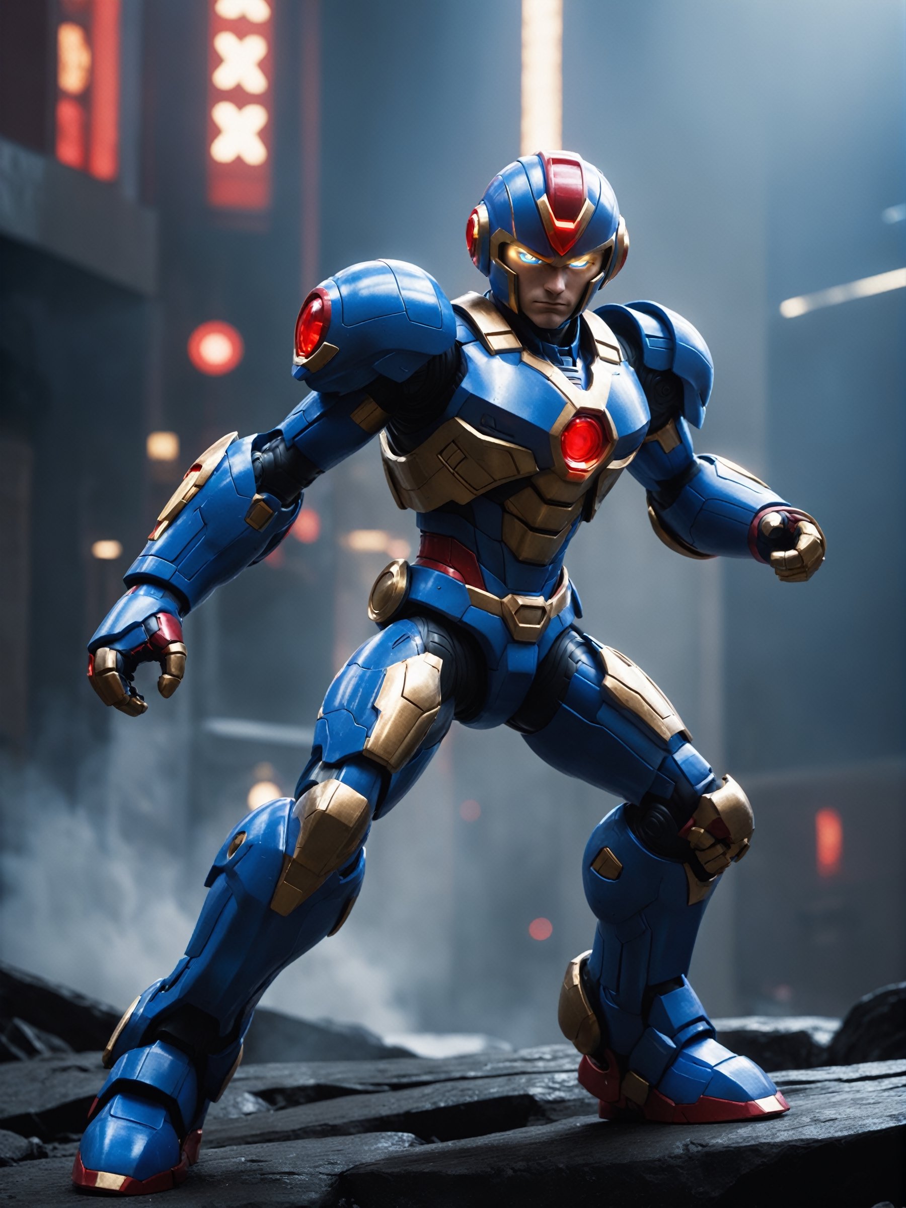 candid 16k photo of Mega Man X dashing in to save the day, his armor is blue and grey with red lights plus white and gold details dramatic lighting, cinematic colors, cinema quality, aw0k magnstyle