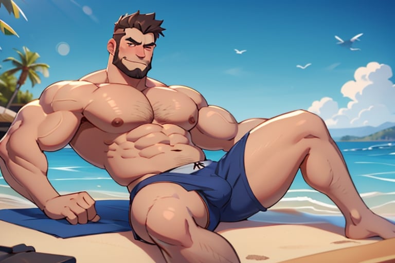 (best Quality), (Masterpiece), arafed, an illustration of a grown man, (mature_male), light_brown skin, (bara), rugged, muscular_pecs , thick forearms, solo, facial hair, short hair, swimming underwear, naked, manly, solo, broad shoulders, slight smile, gray_hair, dyed_hair,(1man),muscular, brown eyes, sexy pose,busted breasts,busted ass,Beautiful Beach,jack,eager pet pose,Sittingw,1girl