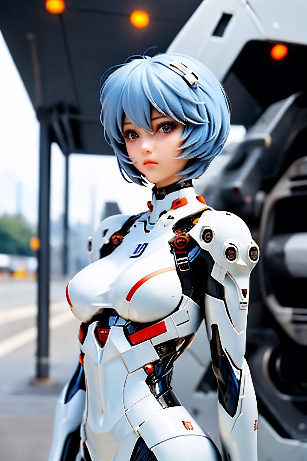 (Ayanami Rei) is a fictional character from the Neon Genesis Evangelion franchise, 1girl, solo, blue hair, blye eyes, white skin, perfect bob_cut, looking_at_viewer, white futuristic mecha shirt, sexy pose, erotic, outdoors, day, setting in a air force fighter, futuristic, blurry, lips, breasts, blurry future city background, cinematic light, dark area, posing, photorealistic, dreamgirl,(closed up head),Mecha body, with weapons,