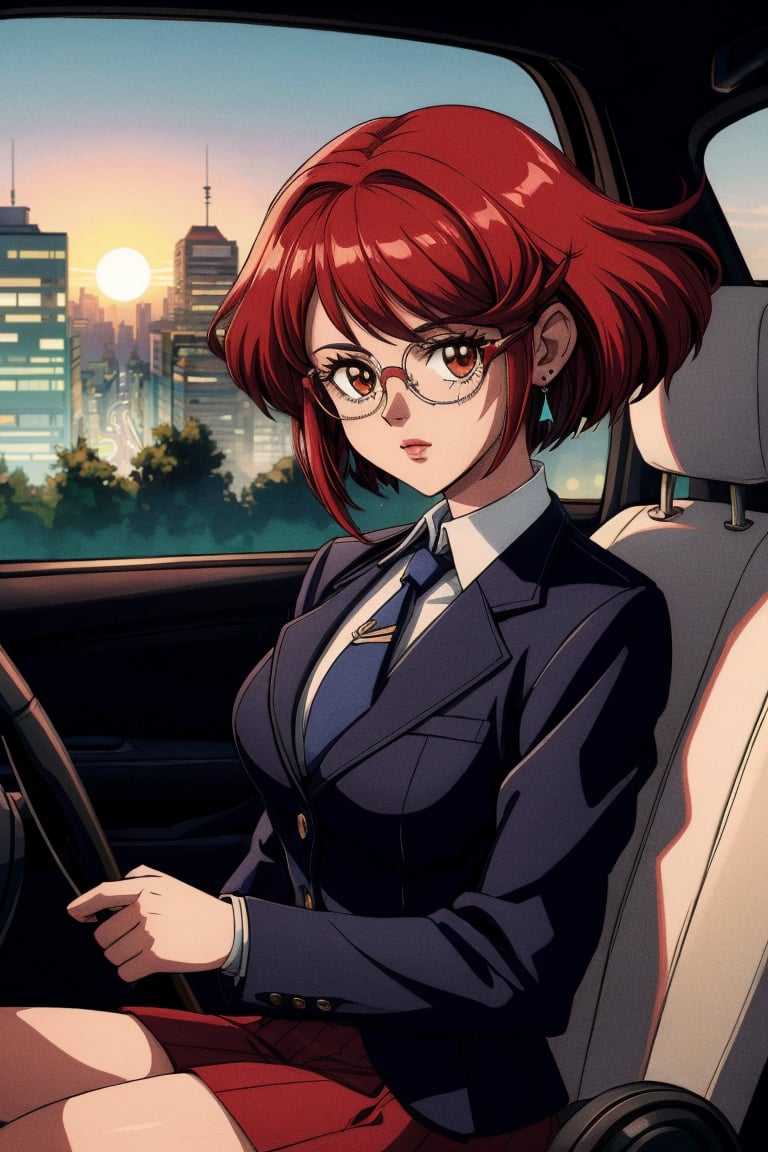 masterpiece, best quality, eighties, aesthetic, best shadow, detailed background, alone, car, indoors, right in front of the viewer, sitting, pyradef, eye_glasses(red), blazer with buttons, shirt, collar, striped tie, steering wheel(foreground), (driving:1.2), sundown(backgrond, clear sky), city(backgrond), looking at viewer