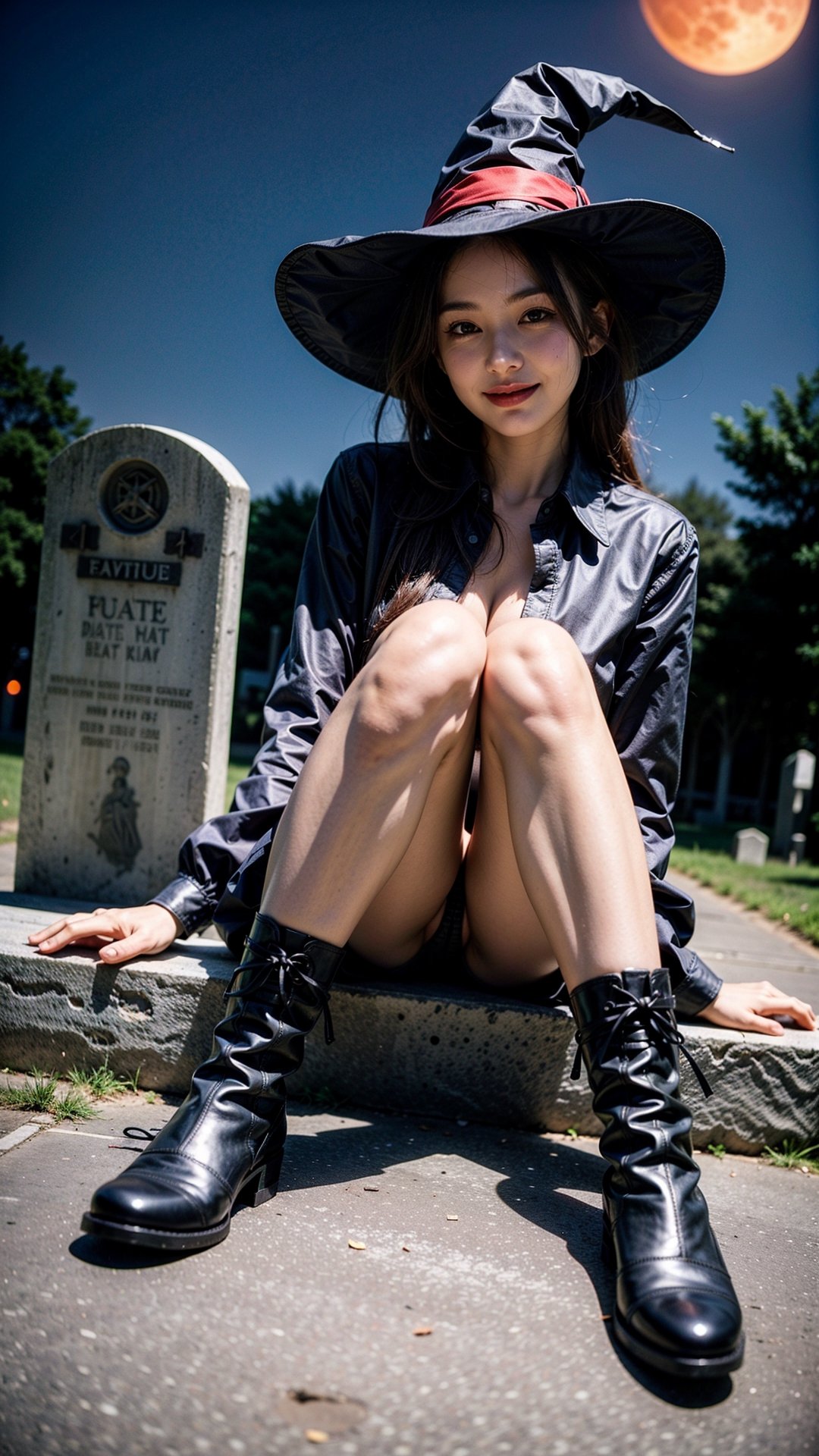 1girl, witch, boots,
night, graveyard, red moon,
looking_at_viewer, perfect eyes, perfect skin, detailed skin, dress_shirt, laughter, Sit with your legs apart,perfect legs, legs spread, spread one's legs, Spread your legs in an M shape and show your panties