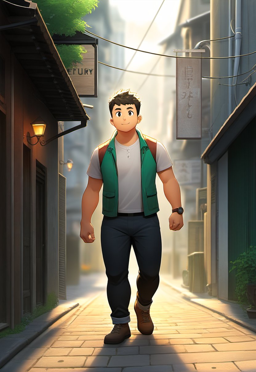 ((1male, adventurer, solo, male focus)), (chubby:1.0), (bara:1.4), ((vest, street)), short hair, crew cut, ((full body)), (cool, cute, awesome), ((flat anime, best quality, best aesthetic, high res)),man, masterpiece