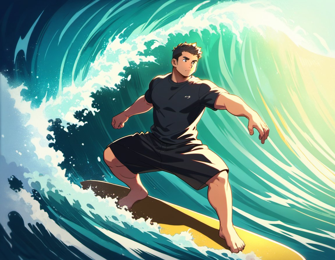 ((1male, solo, male focus, confident, surfing in wave)), (chubby:1.0), (bara:1.4), (stocky), ((tshirt, trunks, barefoot, surfing board)), short hair, crew cut, (cool, awesome), ocean background, best quality, ((flat anime, cartoon, masterpiece, best aesthetic, absurdres, highly detailed)), soft shaded