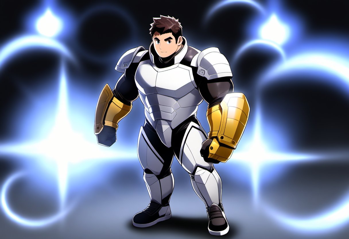 ((1boy, solo, male focus, normal look, standing)), (bara:1.4), (chubby:1.0), stocky, (round_face), ((tech armors, gauntlet)), (hadouken, power. skill cast, aura, lensflare), (cool, awesome, very short hair, full body shot), ((flat anime, best quality, best aesthetic, high res)),masterpiece