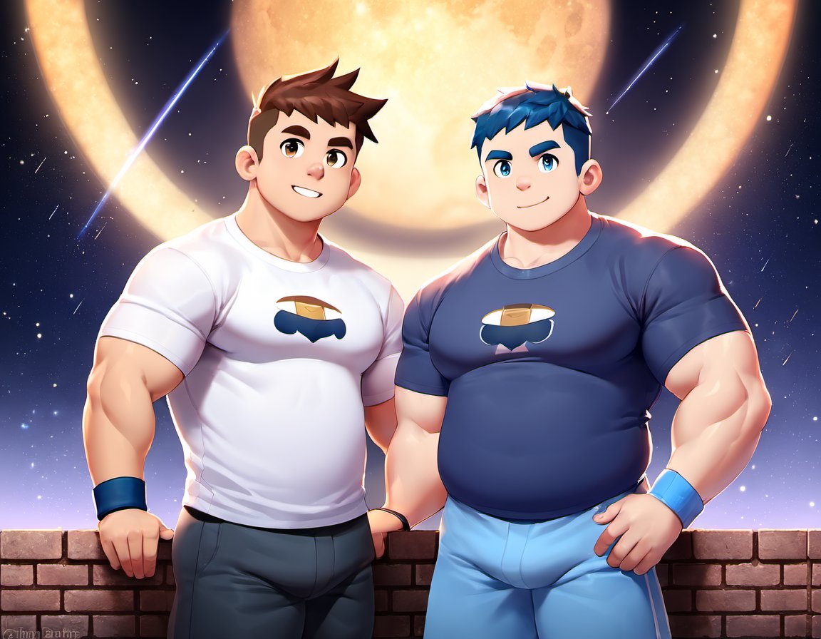 ((2boys, male focus, buddies, laughters)), (bara:1.3), (chubby:1.1), stocky, (round_face), ((t-shirt with patterns, trinket, wristband, short pants)), (night, starry sky, shooting stars), (cool, awesome, crew_cut), (close up), ((flat anime, best quality, best aesthetic, high res)),masterpiece