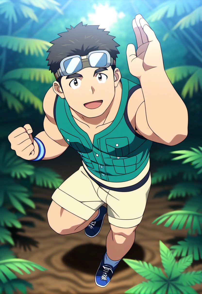 ((1male, scout, solo, male focus)), (chubby:0.8), (bara:1.4), ((goggles on forehead, green vest, jungle)), short hair, crew cut, ((full body)), (cool, awesome), ((flat anime, best quality, best aesthetic, high res)),man, masterpiece
