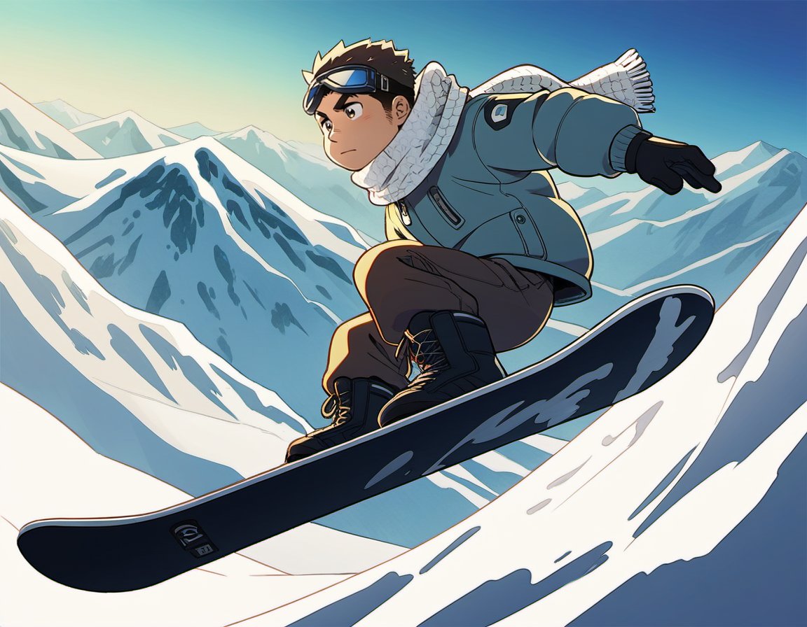((1male, solo, male focus, confident, snowboarding in air, Indy Grab, acrobatic)), (chubby:1.2), (bara:1.4), (stocky), ((snow jacket, woolen scarf, goggles down, boots, snowboard)), short hair, crew cut, (cool, awesome), snow mountain background, best quality, ((flat anime, cartoon, masterpiece, best aesthetic, absurdres, highly detailed)), soft shaded