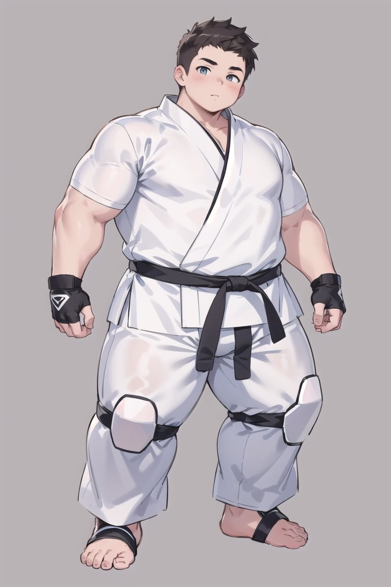 ((1boy_only, (solo), black foot protectors, foot wraps)), (chubby:1.5, stocky:1.2, round_face, black ankle braces), ((white judo gi)), ((dougi)), barefoot, ((long pants)), (bara:1.4), buzz_cut, full body shot, ((cool, cute, awesome)), (fingerless gloves), (front_view), (chubby_face:0.8),Male focus, standing_idle,ankle brace,foot protector,best quality