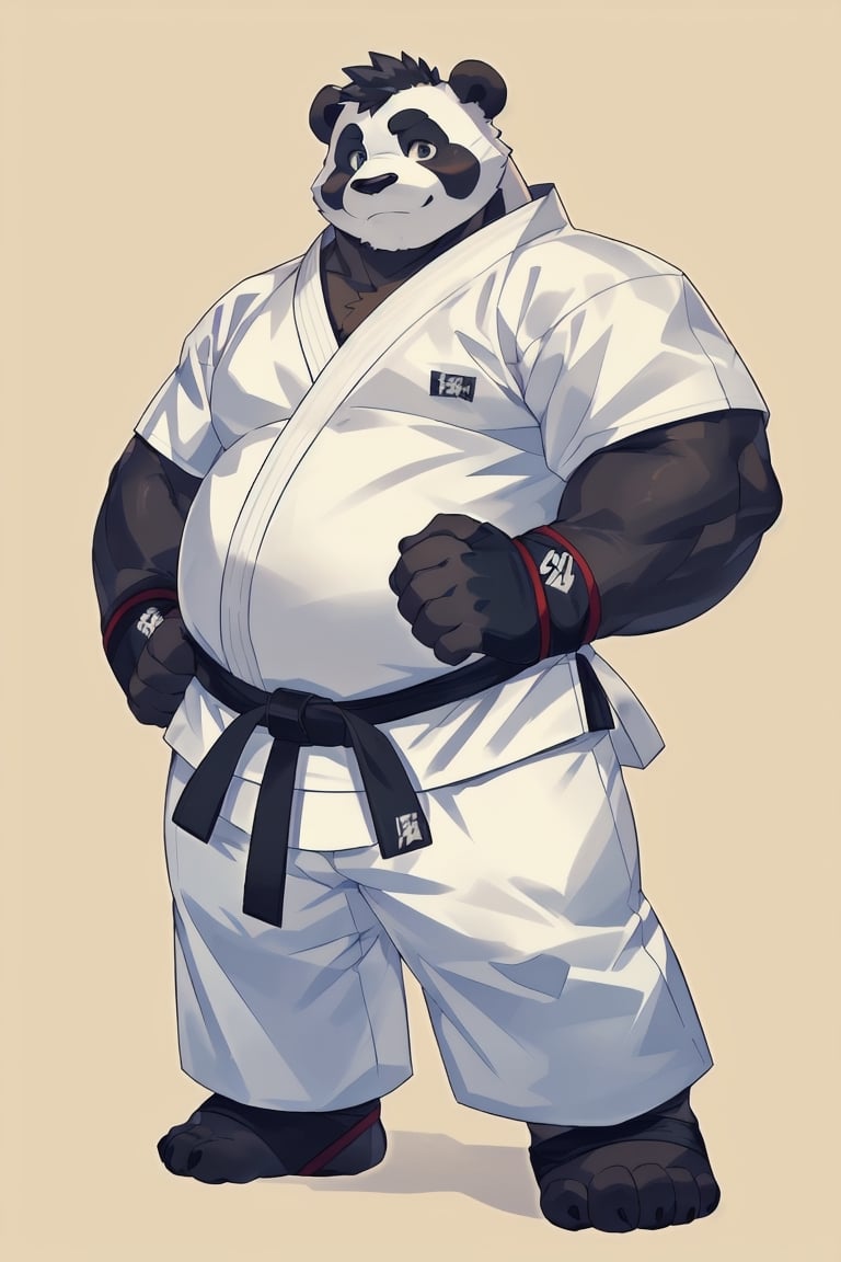 ((1boy, solo, panda with black arms and black legs), serious look), (chubby stocky:1.0), ((white karate gi)), barefoot, ((long pants)), (bara:1.4), buzz_cut, full body shot, ((cool, cute, awesome)), (blue fingerless gloves), (chubby_face:0.8), Male focus, best quality, masterpiece, (white ankle braces:1.4)