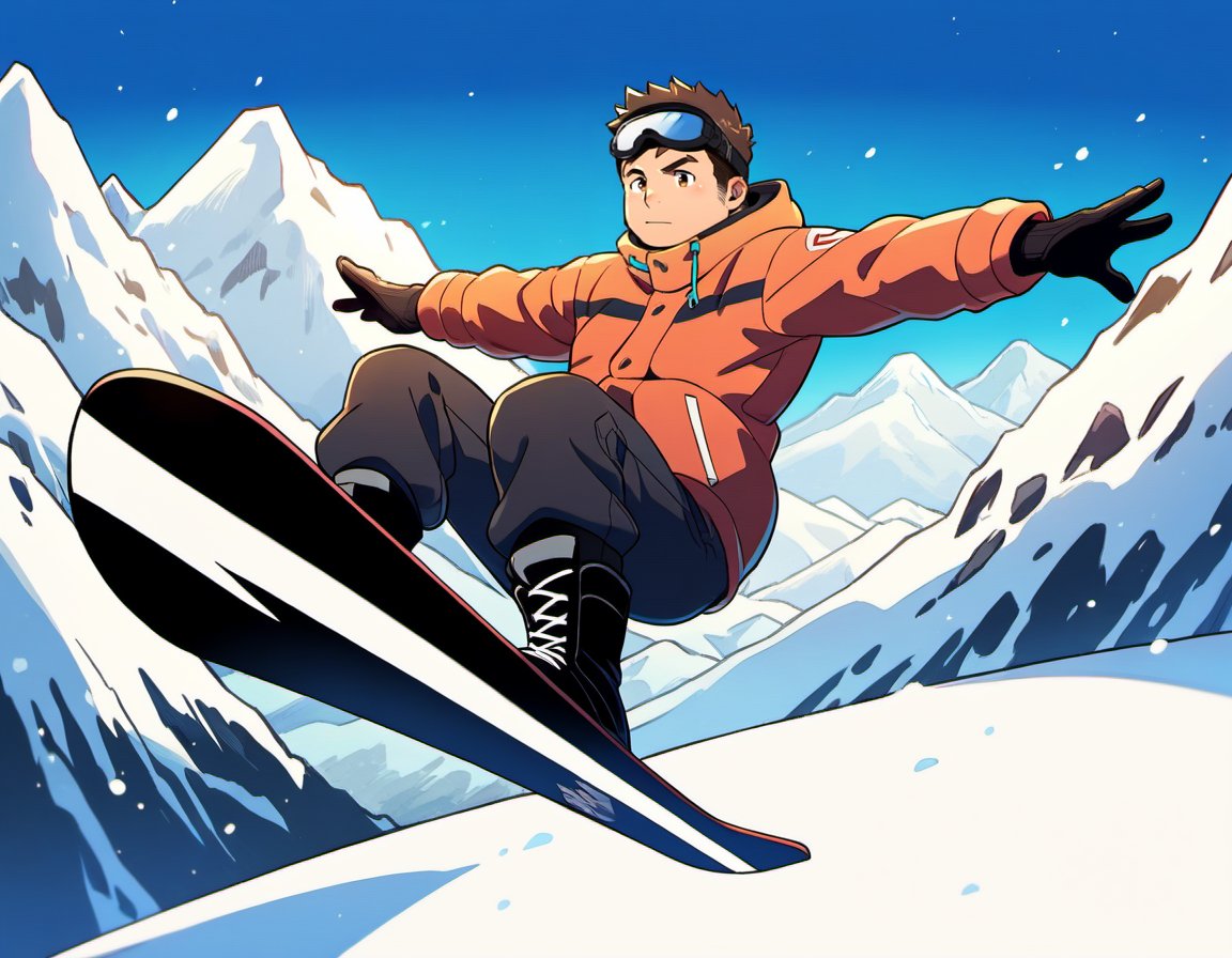 ((1male, solo, male focus, confident, snowskating, flying in air, Indy Grab)), (chubby:1.2), (bara:1.4), (stocky), ((snow jacket, muffler, goggles, boots, snowboard)), short hair, crew cut, (cool, awesome), snow mountain background, best quality, ((flat anime, cartoon, masterpiece, best aesthetic, absurdres, highly detailed)), soft shaded