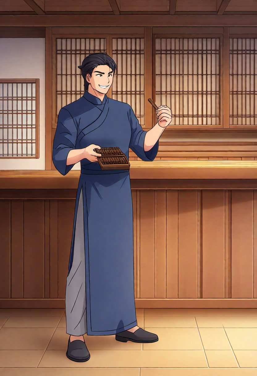 ((1male, restaurant manager, solo, male focus, mature male, serious look, short split hairstyle, forced smile, ^ ^, 😁, gritting teeth, modest, holding an abacus in hand)), ((yaoi:1.2), tall), ((dark indigo chinese gown, grey long pants, chinese black cloth footwear)), ((wooden abacus, ancient account book)), (ancient chinese wooden restaurant, wooden counter, indoor), ((flat anime, full body, best quality, best aesthetic, high res)),masterpiece,Lineart,Flat Color