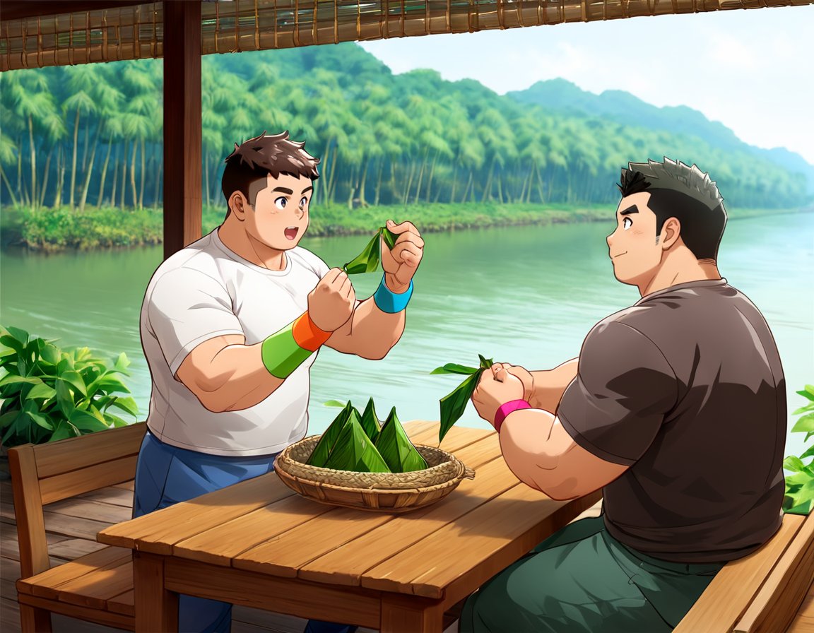 ((2boys, male focus, peeling off zongzi, rice dumplings, wooden dining table, riverside, bamboos, boats in river)), (bara:1.2), (chubby:1.0), (stocky), outdoor, ((t-shirt, long pants, colourful wrist string, sachet)), (cool, awesome, crew cut), ((flat anime, best quality, best aesthetic, high res, close up)),masterpiece