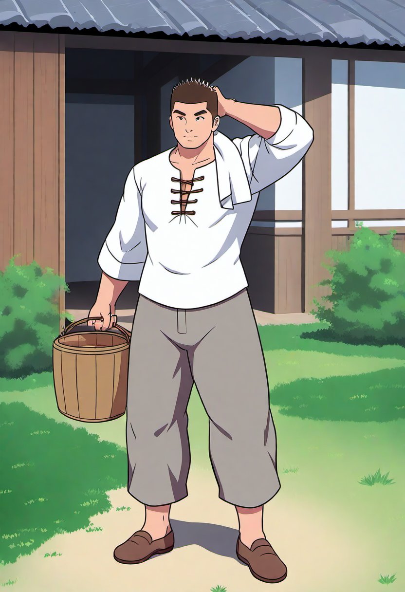 ((1male, servant, solo, male focus, mature male, spikey crew cut, casual, scratching hair)), (thin:1.0), ((traditional white chinese peasant shirt, grey peasant pants, chinese brown cloth shoes)), ((white towel on shoulder)), (simple backyard, wooden donkey stable, outdoor, wooden bucket in hand), ((flat anime, full body, best quality, best aesthetic, high res)),masterpiece, lineart, flat color