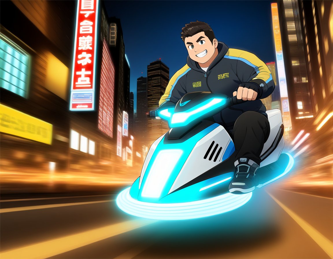 ((1male, solo, male focus, riding hoverbike, grin smile)), (bara:1.4), (chubby:1.0), stocky, outdoor, night, street, detailed background, motion blur, futuristic, neon stripes, goggles, fingerless gloves, long pants, (cool, awesome, crew cut), ((flat anime, best quality, best aesthetic, high res)),girl,masterpiece
