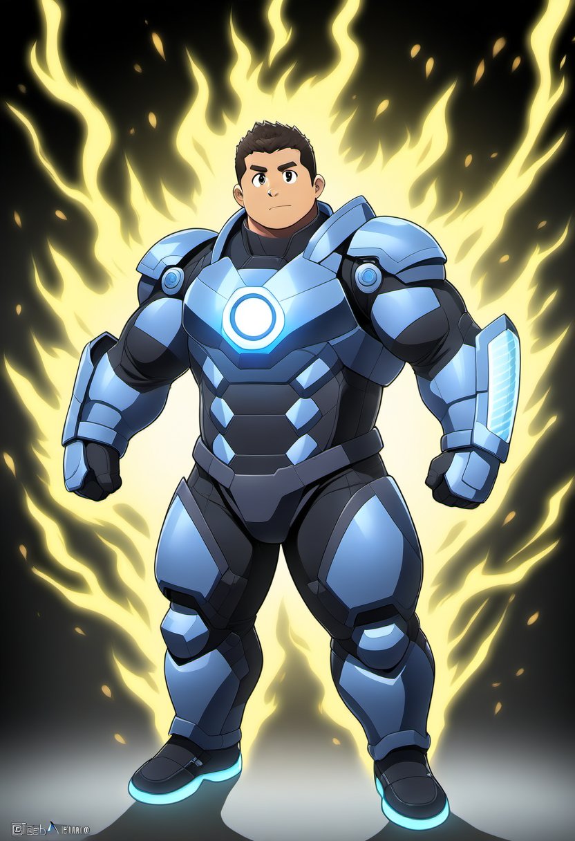 ((1boy, solo, male focus, normal look, energy wave, from distance)), (bara:1.4), (chubby:1.0), stocky, (round_face), ((tech armor, gauntlet)), (energy power, aura), (cool, awesome, very short hair, full body shot), ((flat anime, best quality, best aesthetic, high res)),masterpiece