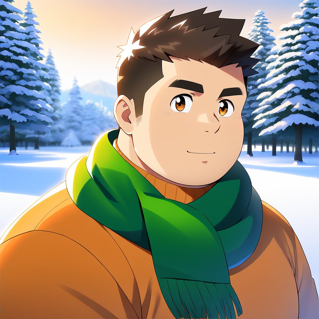 ((1male, solo, male focus, orange sweater, green muffler)), (chubby:1.0), (bara:1.4), (stocky), short hair, crew cut, ((upper body)), (cool, awesome), (round face), winter, outdoor, best quality, flat anime, masterpiece, best aesthetic, absurdres
