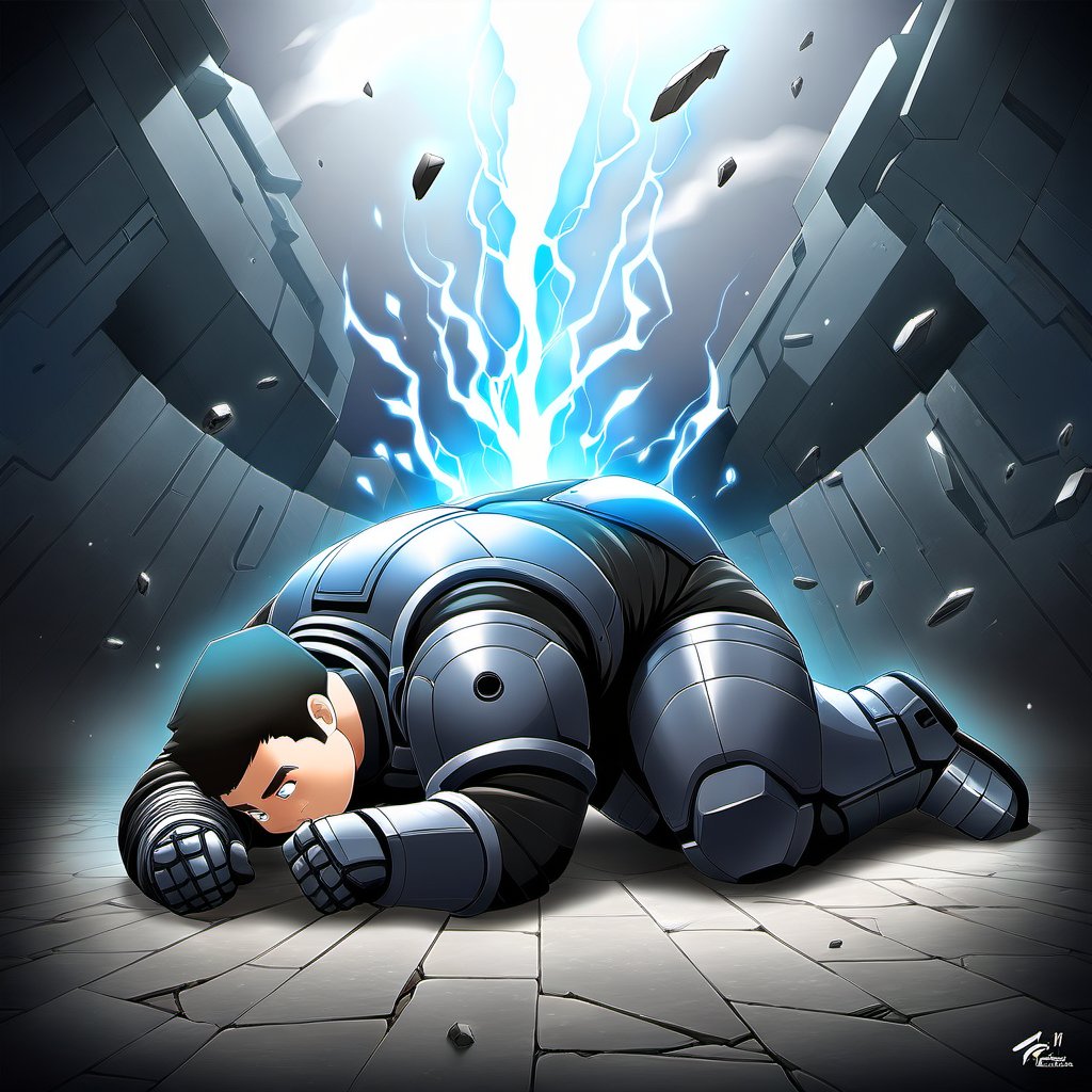 ((1boy, solo, male focus, normal look, futuristic, fantastic, lying on ground, unconscious, fainted, weak, from top)), (bara:1.4), (chubby:1.0), stocky, (round_face), ((broken battle suit, damaged, sabotaged body, smoke, broken armor, gauntlet)), (energy power, detailed background), (cool, awesome, very short hair, full body shot), ((flat anime, best quality, best aesthetic, high res)),masterpiece
