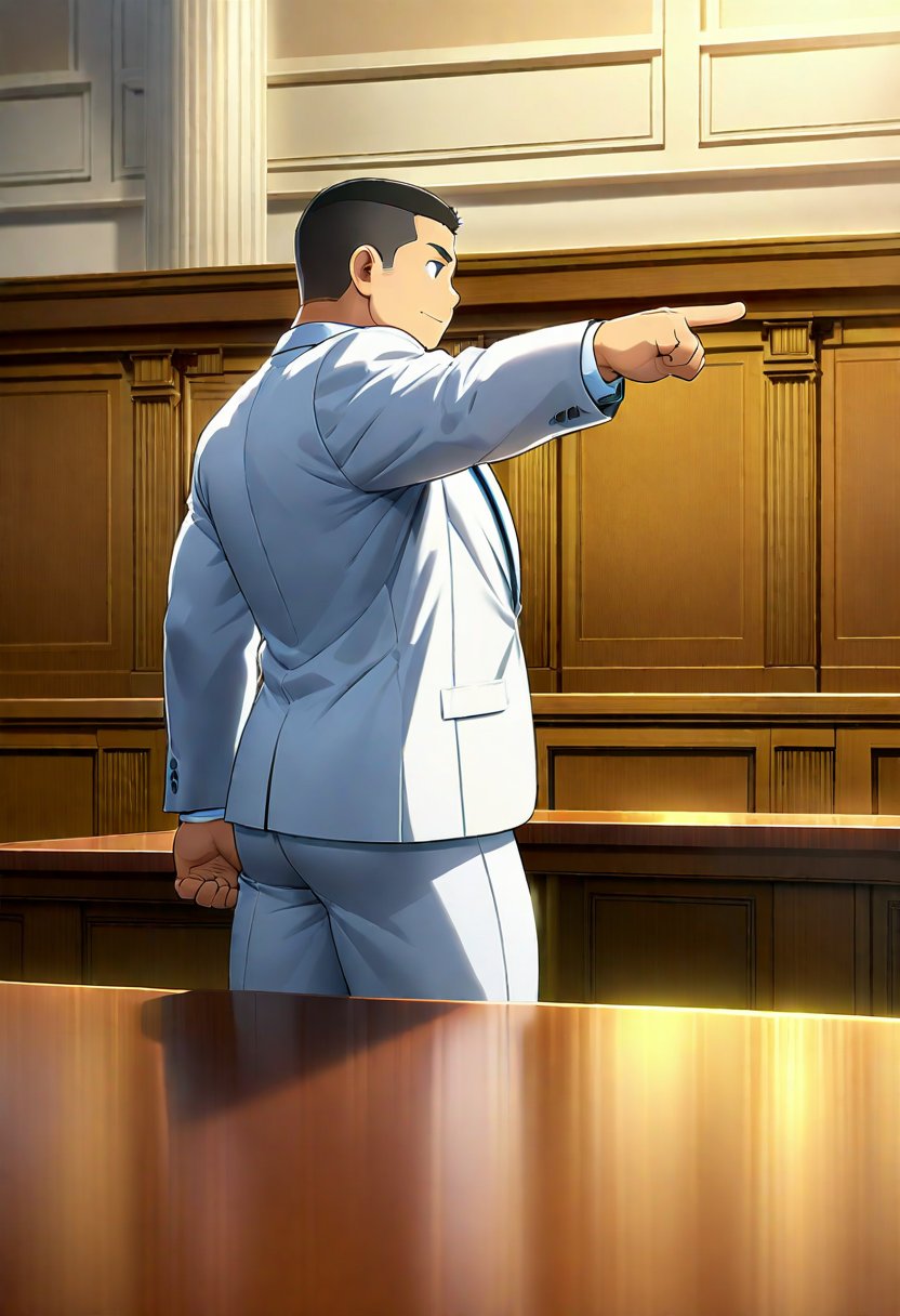 ((1male, solo, male focus, left hand point out, front side view)), ((bara)), (chubby:1.0), stocky, lawyer, white suit, stand behind a long desk, courtroom, (cool, awesome, crew cut), ((flat anime, best quality, best aesthetic, high res))