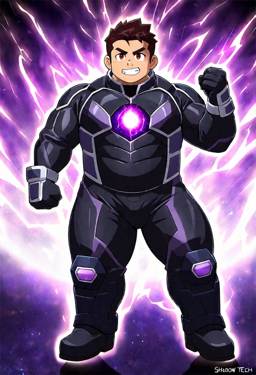 ((1boy, solo, male focus, red eyes, gritting teeth, grin, villain, dark energy arc)), (bara:1.4), (chubby:1.2), (stocky), (round_face), ((shadow tech armor, gauntlet, shadow aura)), (detailed background), (cool, awesome, short hair, full body shot), ((flat anime, best quality, best aesthetic, high res)),masterpiece