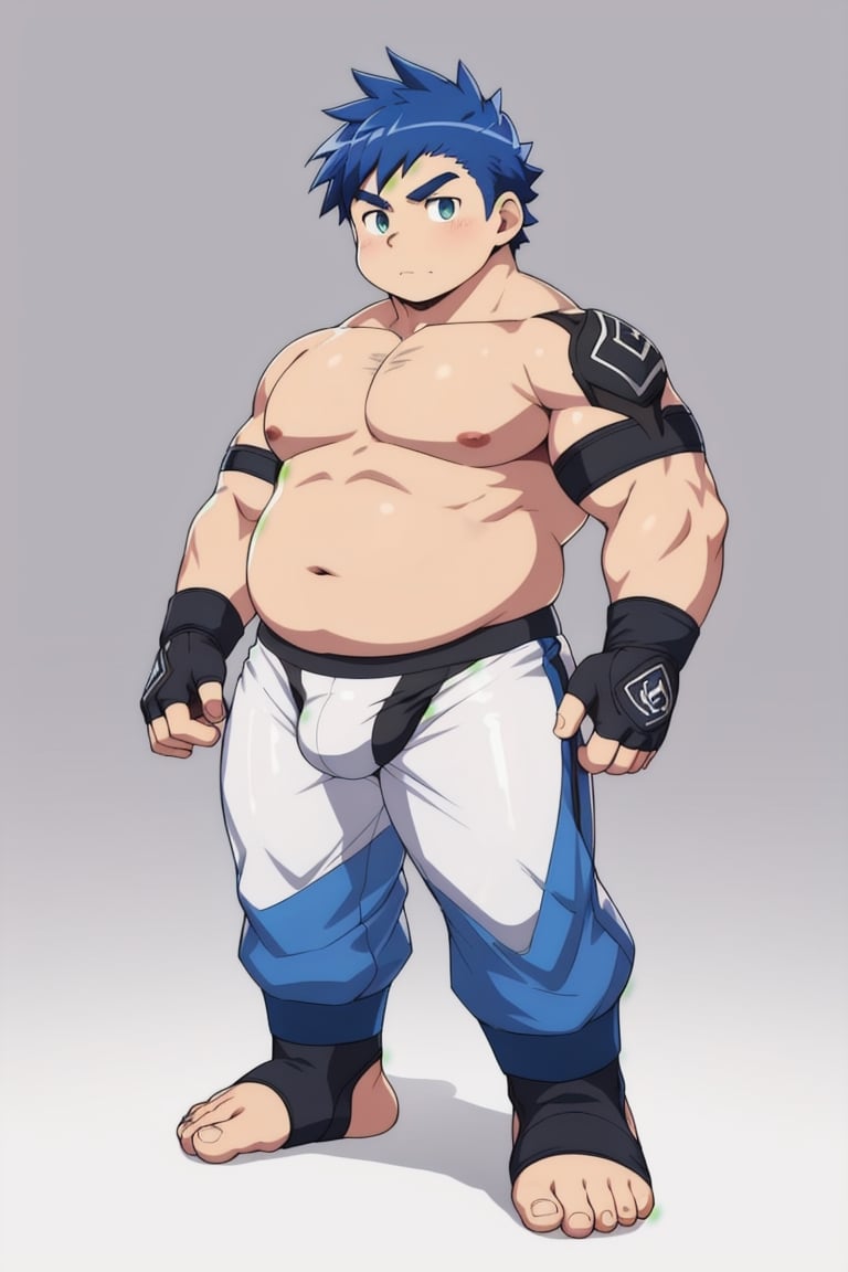 ((1boy_only, boxer \(person\), long pants, feet in foot protectors, solo)), (chubby:1.0, bara stocky:1.3, round_face, serious look), (buzz_cut:0.75), full body shot, ((cool, cute, awesome)), (fingerless gloves, (blue foot protectors, foot wrap)), (front_view), (chubby_face:0.8),male focus, standing_idle,best quality, masterpiece,ankle brace,foot protector, intricate details,Anime