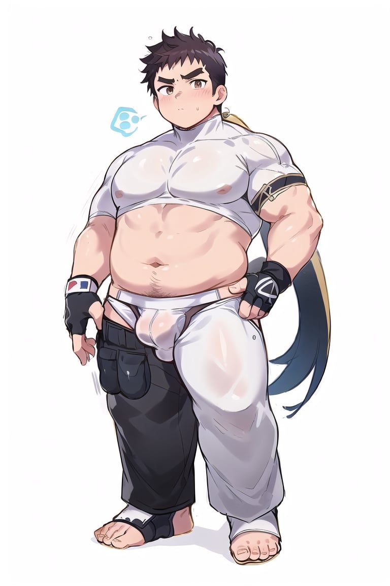 ((1boy_only, boxer, long pants, feet in foot protectors, solo)), (chubby:1.0, bara stocky:1.3, round_face, serious look), (buzz_cut:0.75), full body shot, ((cool, cute, awesome)), (fingerless gloves, (white foot protectors, foot wrap)), (front_view), (chubby_face:0.8),male focus, standing_idle,best quality, masterpiece,ankle brace,foot protector, intricate details