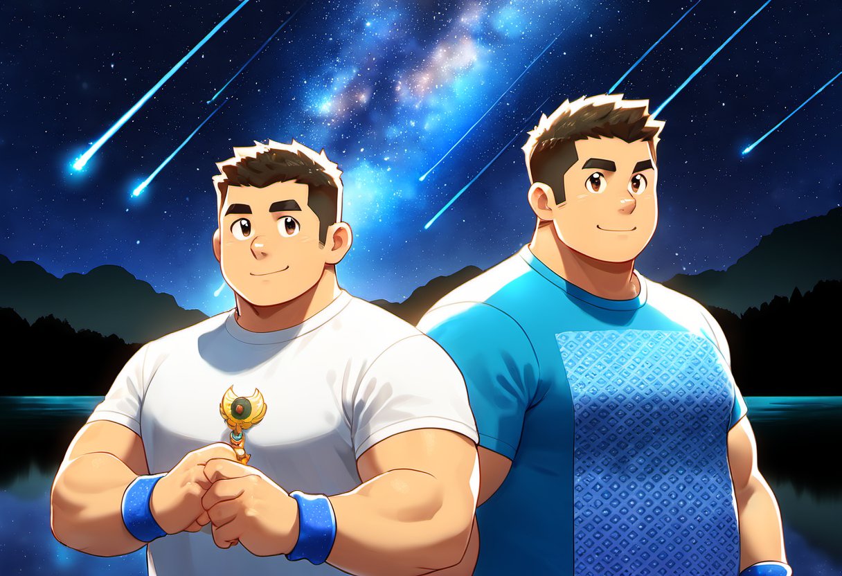 ((2boys with distinct faces, male focus, buddies)), (bara:1.4), (chubby:1.0), stocky, (round_face), ((t-shirt with patterns, trinket, wristband)), (night, starry sky, riverbank, shooting stars), (cool, awesome, crew_cut), (close up:0.9), ((flat anime, best quality, best aesthetic, high res)),masterpiece