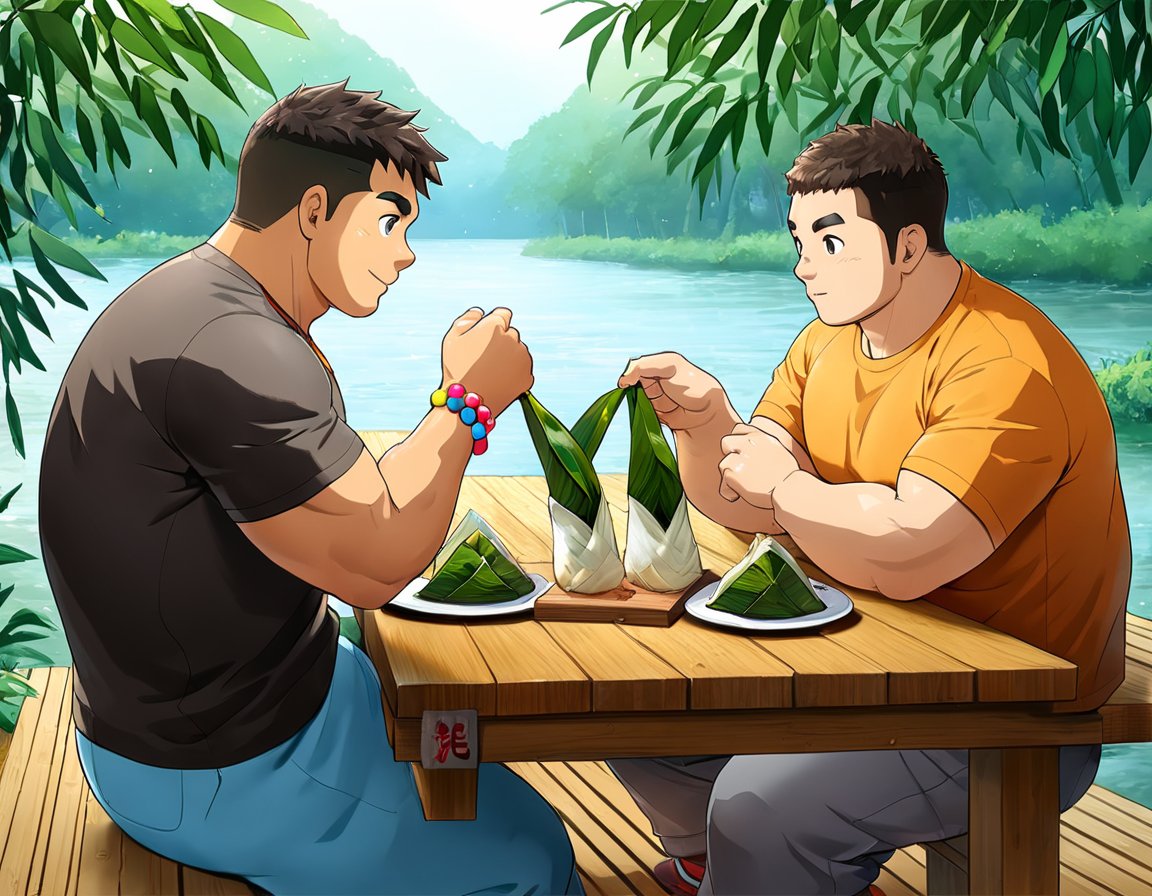 ((2boys, male focus, peeling off zongzi, rice dumplings, wooden dining table, riverside, bamboos, boats in river)), (bara:1.2), (chubby:1.0), (stocky), outdoor, ((t-shirt, long pants, colourful wrist string, sachet)), (cool, awesome, crew cut), ((flat anime, best quality, best aesthetic, high res, close up)),masterpiece