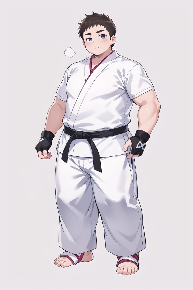 ((1boy_only, (solo), feet in white ankle braces, foot wraps, anime)), (chubby:1.5, stocky:1.2, round_face), ((white judo gi)), ((dougi)), barefoot, ((long pants)), (bara:1.3), (buzz_cut:0.5), full body shot, ((cool, cute, awesome)), (fingerless gloves, ankle braces), (front_view), (chubby_face:0.8),male focus, standing_idle,ankle braces,best quality