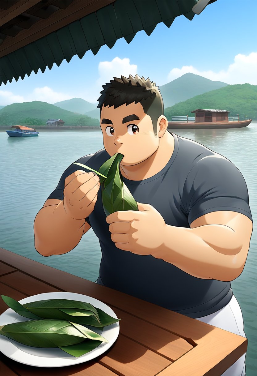 ((1male, solo, male focus, eating zongzi, loquat leaves, dining table, riverside, boats in background)), (bara:1.4), (chubby:1.0), (stocky), outdoor, ((t-shirt, long pants)), (cool, awesome, crew cut), ((flat anime, best quality, best aesthetic, high res)),girl,masterpiece