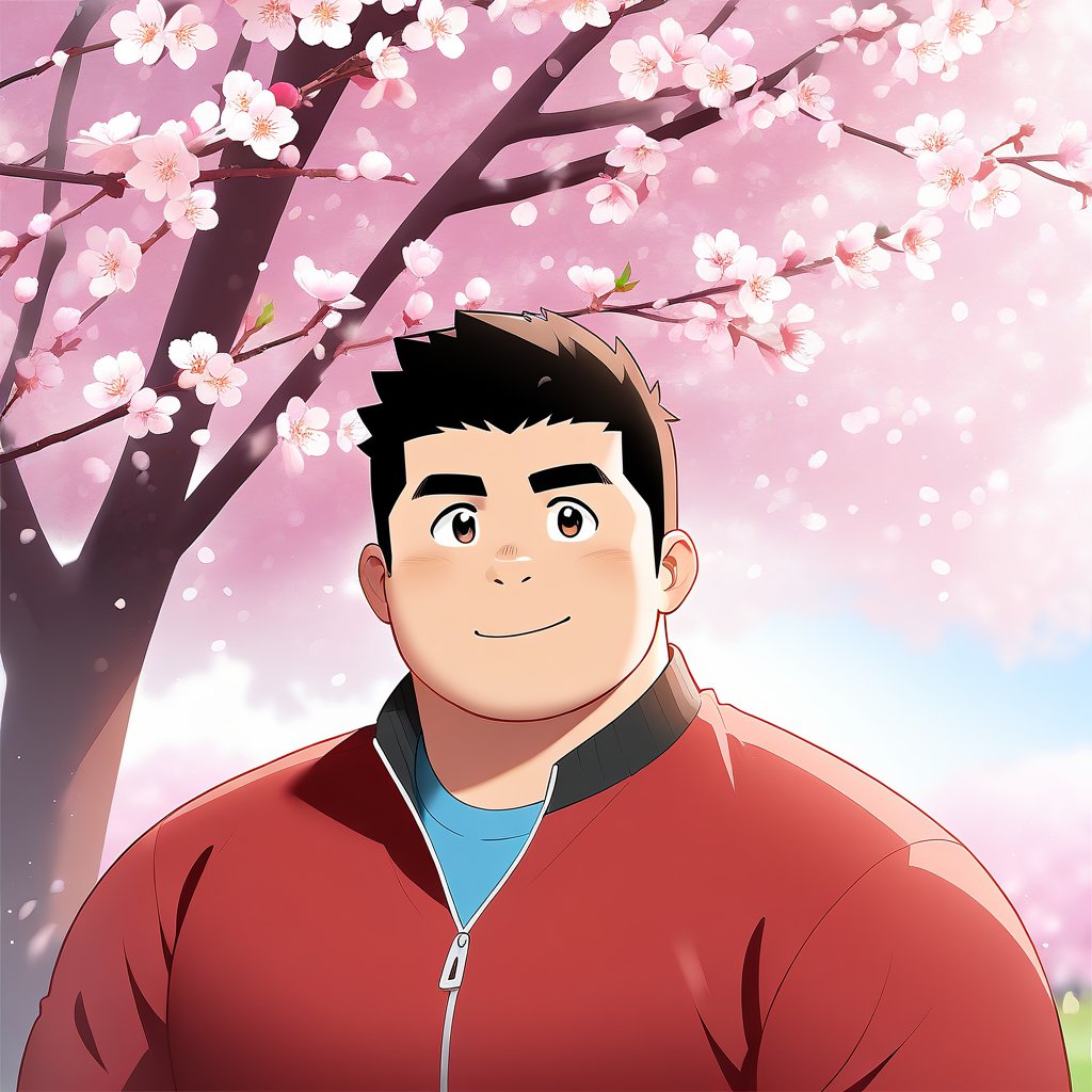 ((1male, solo, male focus, red jacket)), (chubby:1.0), (bara:1.4), (stocky), short hair, crew cut, ((half body)), (cool, cute, awesome), (round face), spring, peach blossom, outdoor, best quality, flat anime, masterpiece, best aesthetic, absurdres