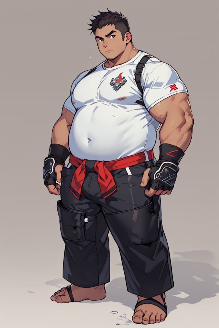 ((1male, fighter, long pants, feet in foot protectors, solo)), (chubby:1.0, bara stocky:1.3, round_face, serious look), (buzz_cut:0.75), full body shot, ((cool, cute, awesome)), (fingerless gloves, (white foot protectors, foot wrap)), (front_view), (chubby_face:0.8),male focus, standing_idle,best quality, masterpiece,ankle brace,foot protector, intricate details,Anime