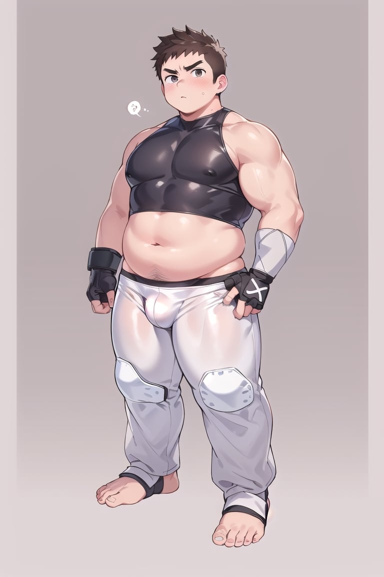 ((1boy_only, boxer \(person\), long pants, feet in foot protectors, solo)), (chubby:1.0, bara stocky:1.3, round_face, serious look), (buzz_cut:0.75), full body shot, ((cool, cute, awesome)), (fingerless gloves, (white foot protectors, foot wrap)), (front_view), (chubby_face:0.8),male focus, standing_idle,best quality, masterpiece,ankle brace,foot protector, intricate details