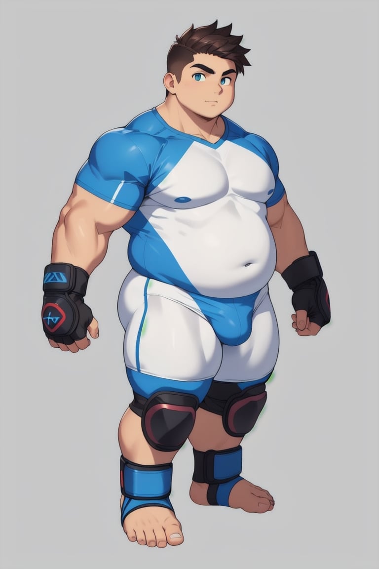 ((1boy_only, boxer, feet in foot protectors, solo)), (chubby:1.0, bara stocky:1.3, round_face, serious look), (buzz_cut:0.75), full body shot, ((cool, cute, awesome)), (fingerless gloves, (white foot protectors, foot wrap)), (front_view), (chubby_face:0.8),male focus, standing_idle,best quality, masterpiece,ankle brace,foot protector, intricate details