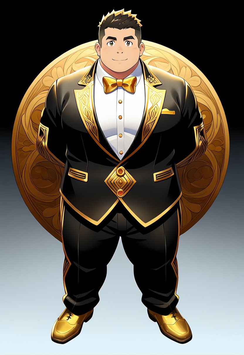 ((1male, solo, male focus, front view)), (chubby:1.0), (bara:1.4), ((black suit, golden collars, golden liners, golden sleeves, golden bowtie)), short hair, crew cut, ((full body)), (cool, cute, awesome), anime, best quality, best aesthetic, high res,man, masterpiece, intricate details,Anime
